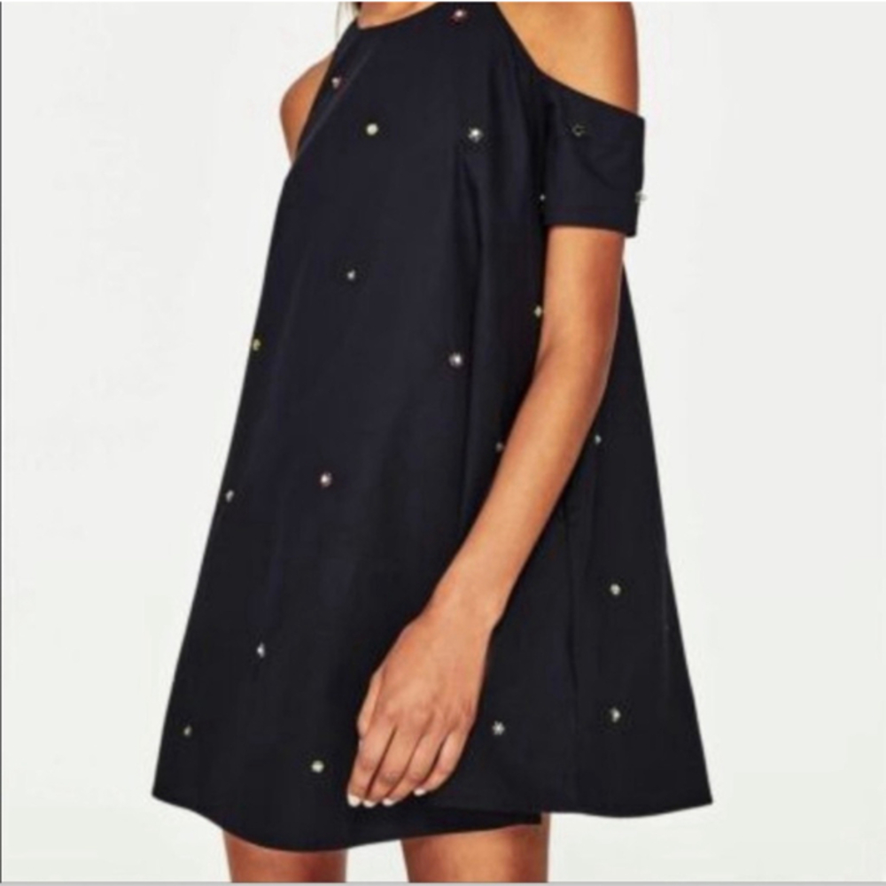 Zara Trafaluc Cold Shoulder Embellished Popover Dress Jewel Floral Size S